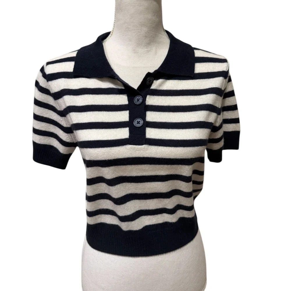 House of Harlow 1960 Cashmere Cropped Cardigan Sweater Navy Blue Stripe M